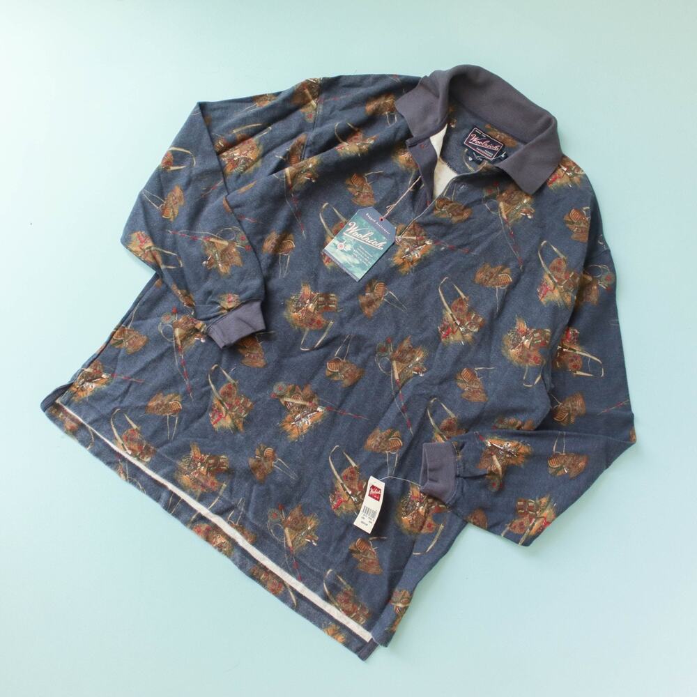 Woolrich Vintage 90s Fishing Print Rugby Shirt Size Medium NWT Deadstock Polo